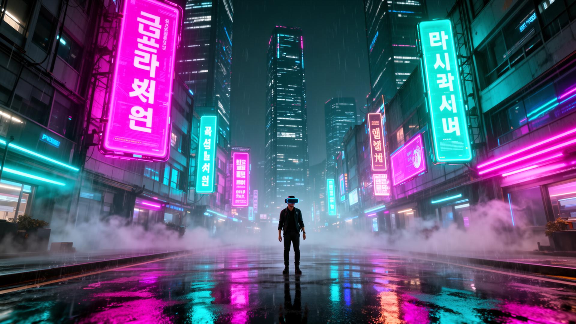Neon-lit Seoul cityscape at night