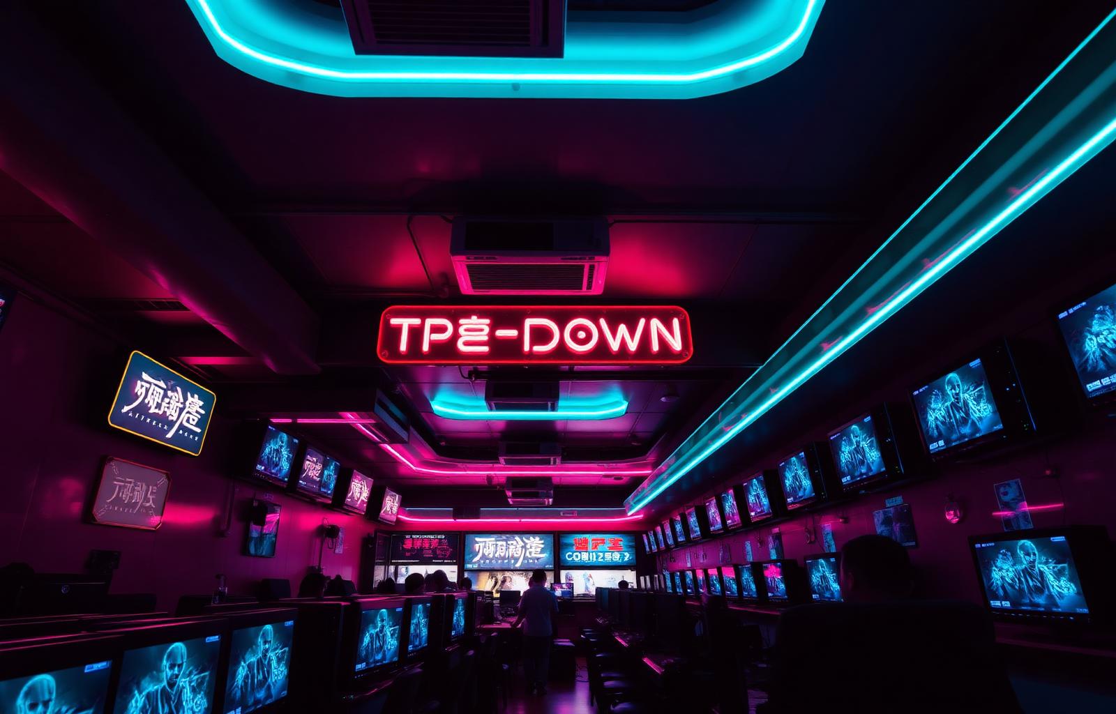 Neon-lit PC bang interior in Seoul